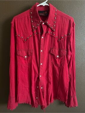 Red Studded Western Button-Down Shirt